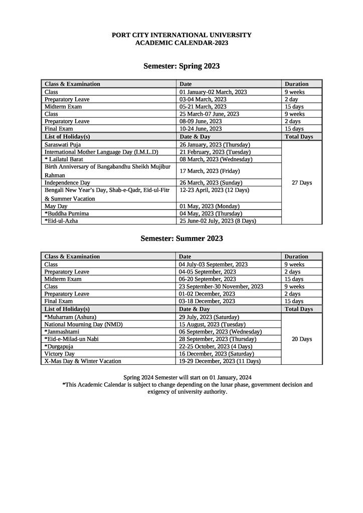 Academic Calender PCIU